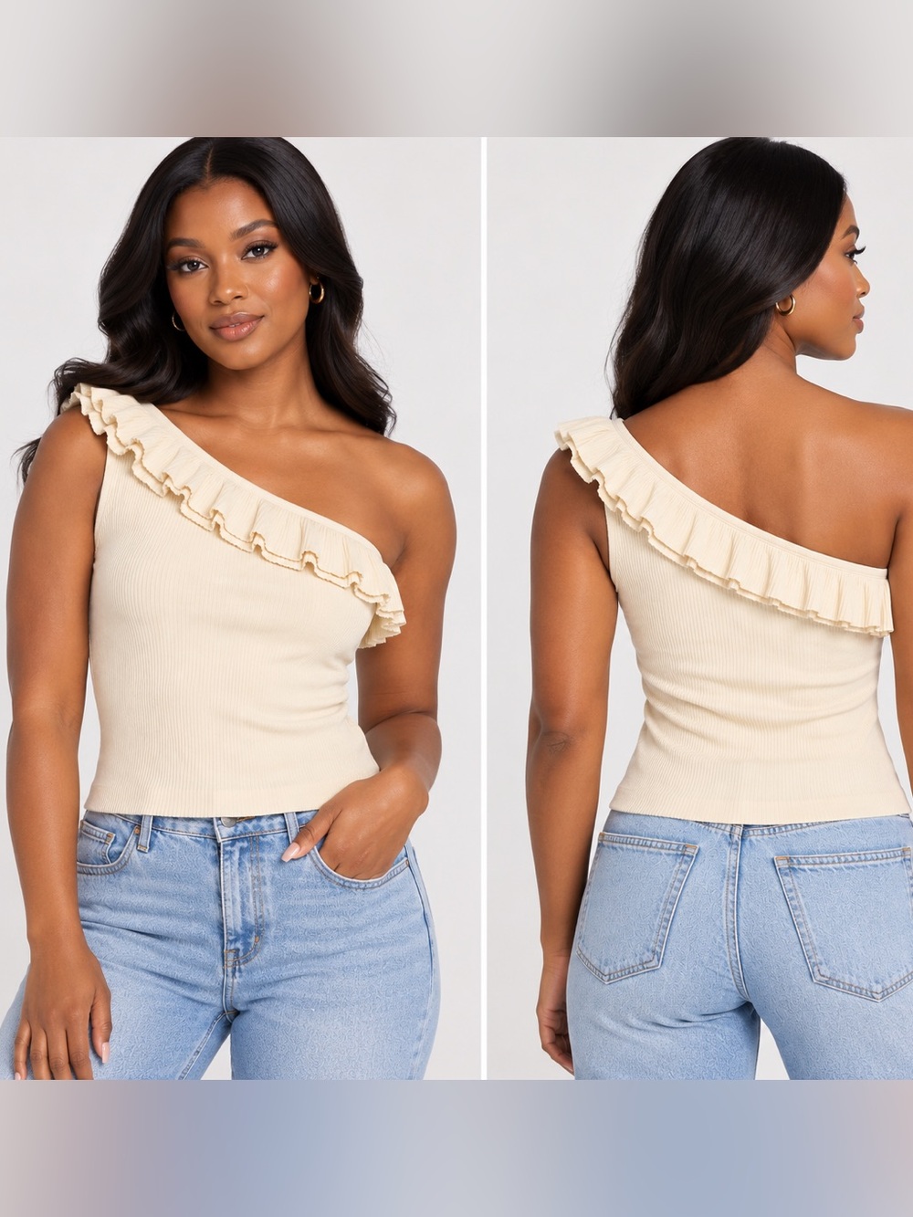 Sofia Jeans by Sofia Vergara XL Ivory Ruffle One Shoulder Ribbed Knit Tank Top